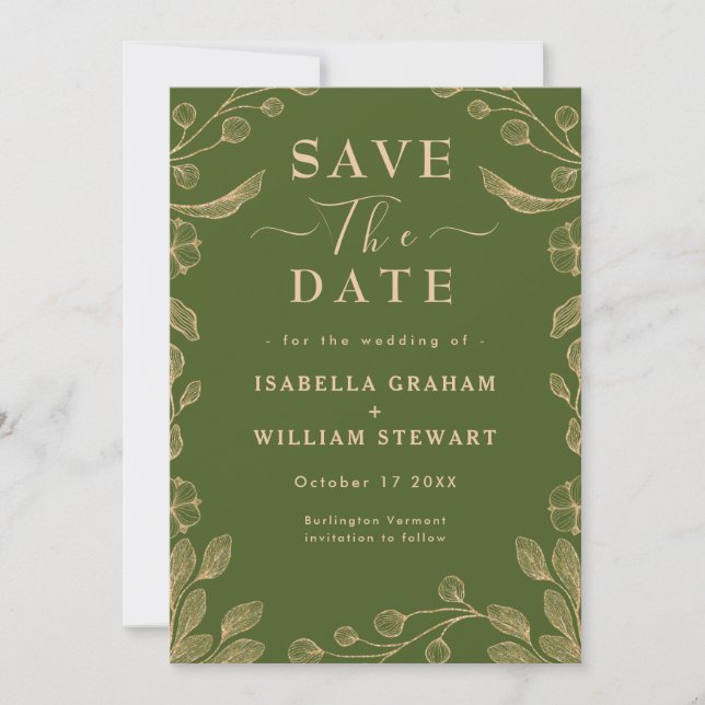 Romantic Floral Moss Green Botanical Save The Date Invitation (Front)
