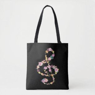 romantic floral music treble clef on black tote bag