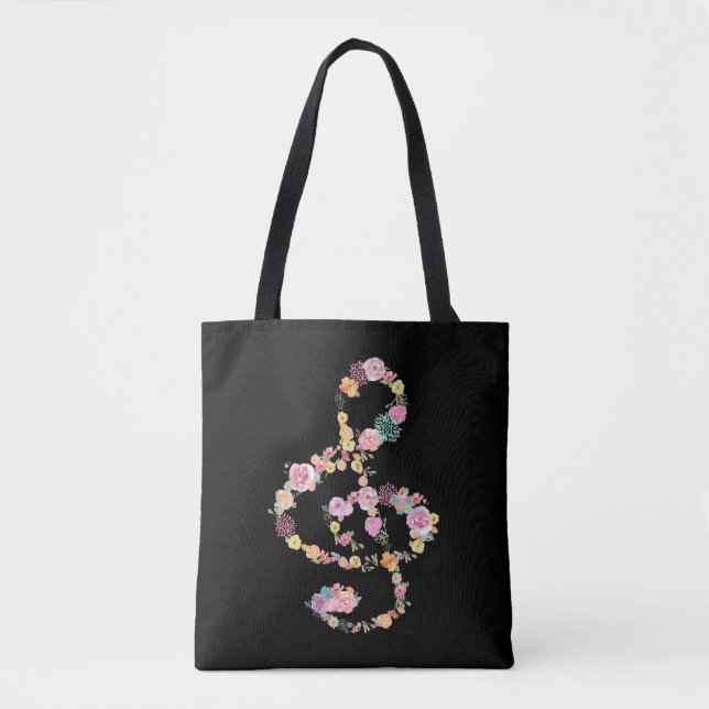 romantic floral music treble clef on black tote bag (Front)