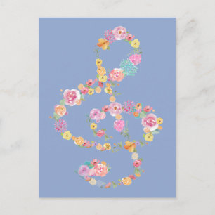 romantic floral music treble clef on blue serenity postcard