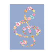 romantic floral music treble clef on blue serenity