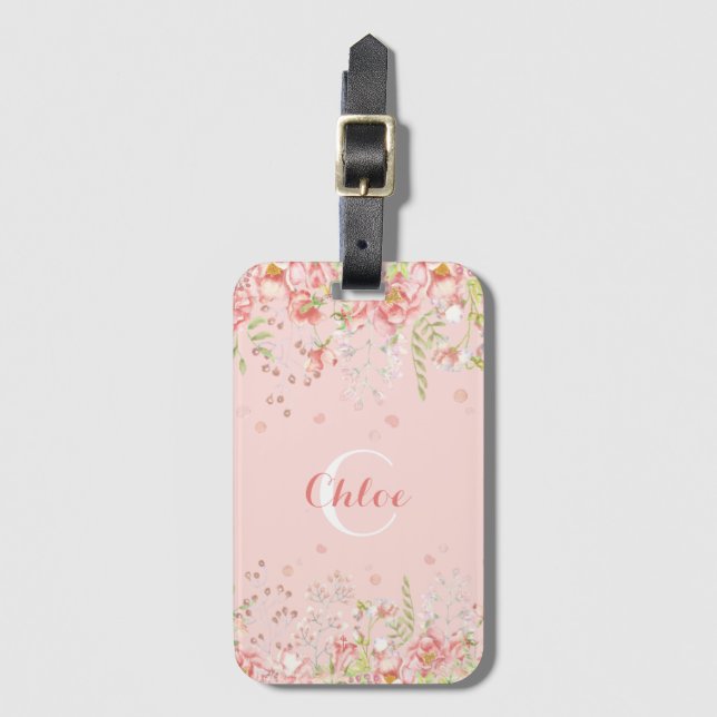 Romantic Floral Name Monogram Luggage Tag (Front Vertical)