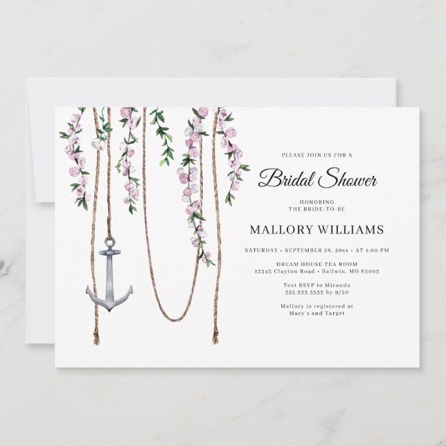 Romantic Floral Nautical Anchor Bridal Shower Invitation (Front)