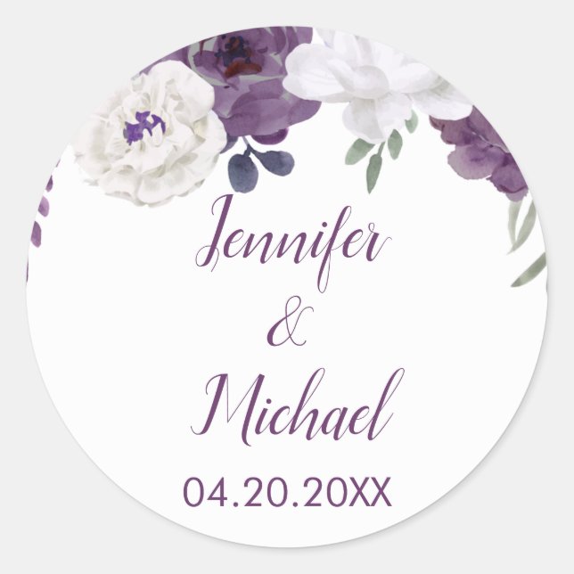Romantic Floral Purple Silver Personalise Wedding Classic Round Sticker (Front)