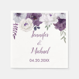 Romantic Floral Purple Silver Personalise Wedding Napkin