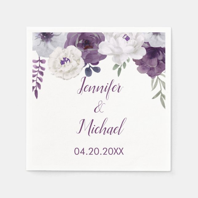 Romantic Floral Purple Silver Personalise Wedding Napkin (Front)
