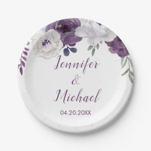 Romantic Floral Purple Silver Personalise Wedding Paper Plate