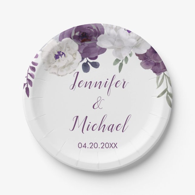 Romantic Floral Purple Silver Personalise Wedding Paper Plate (Front)