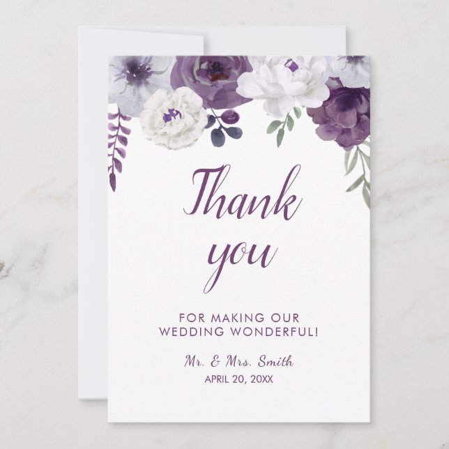 Romantic Floral Purple Silver Personalise Wedding  Thank You Card (Front)