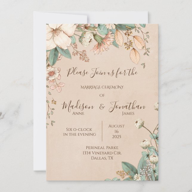 Romantic Floral Script Hand Drawn Pretty Wedding Invitation (Front)