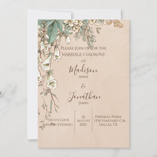Romantic Floral Script Hand Drawn Pretty Wedding Invitation (Front)