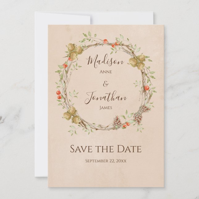 Romantic Floral Script Wreath Fall Wedding Save The Date (Front)