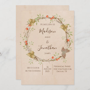 Romantic Floral Script Wreath Greenery Wedding Invitation