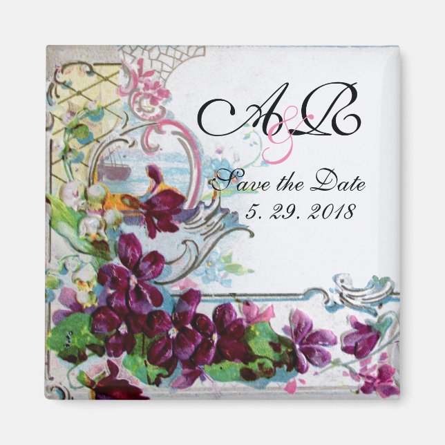 Romantic Floral Swirls Purple Pansies Save Date Magnet (Front)
