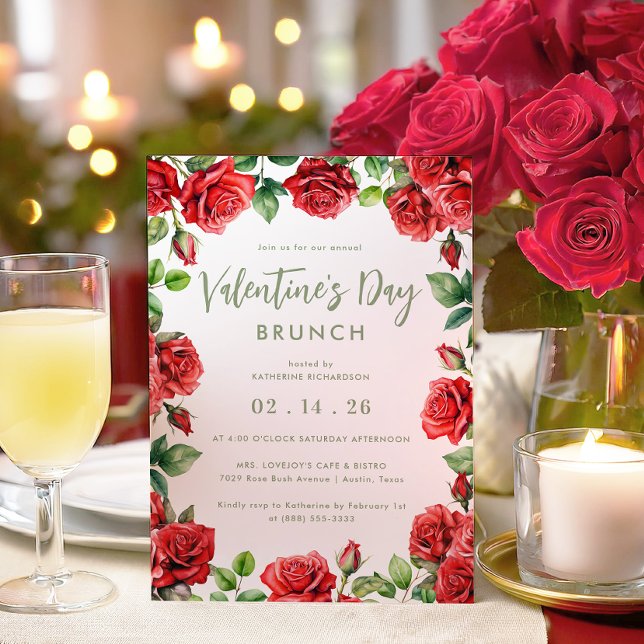 Romantic Floral Valentine's Day Brunch Red Roses Invitation (Creator Uploaded)