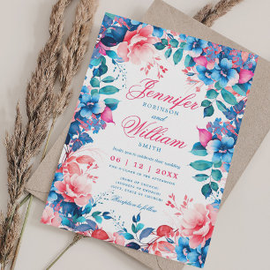 Romantic Floral Vibrant Blue Pink Elegant Wedding  Invitation
