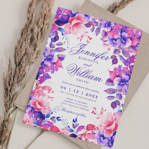 Romantic Floral Vibrant Purple Wedding w/ QR RSVP Invitation
