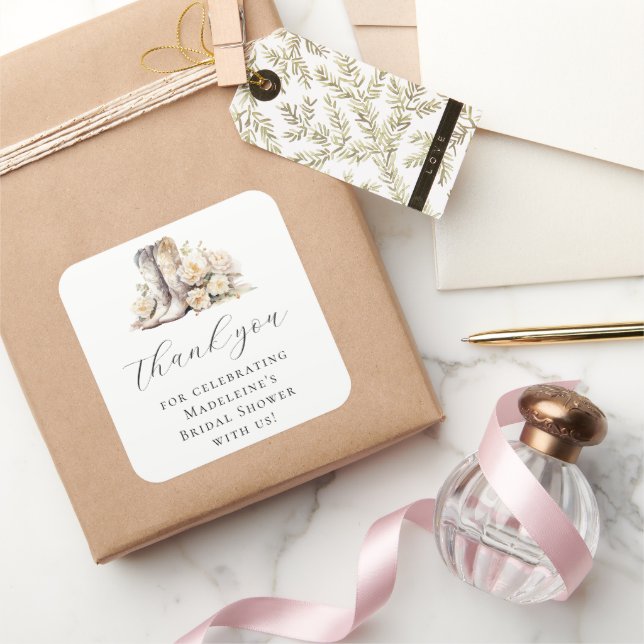 Romantic Floral Watercolor Cowgirl Bridal Shower Square Sticker (Gifting)