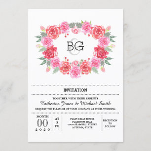Romantic floral watercolor rose wreath invitation