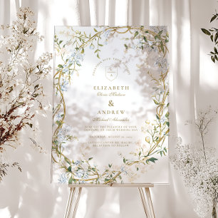 Romantic Floral Wedding Design with Monogram Crest Acrylic Sign