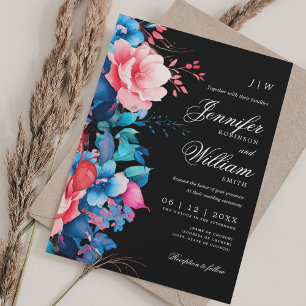 Romantic Floral Wedding Elegant Script Blue Black Invitation