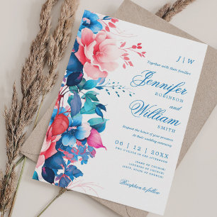 Romantic Floral Wedding Elegant Script Blue Pink Invitation