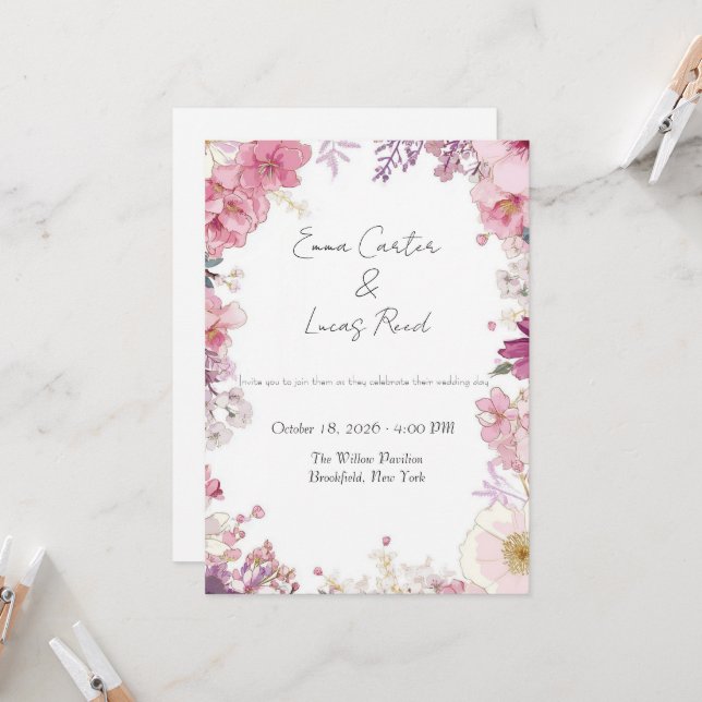 Romantic Floral Wedding Invitation Card (Front/Back In Situ)