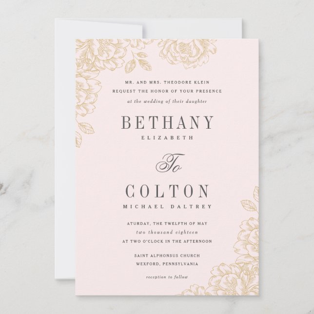 Romantic Floral Wedding Invitation | Gold (Front)