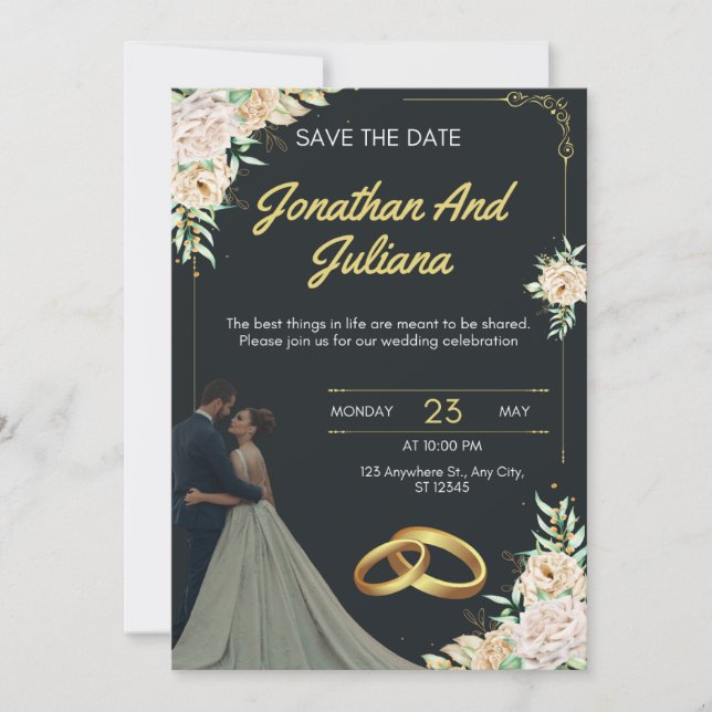Romantic Floral Wedding Invitation with Couple Pho (Front)