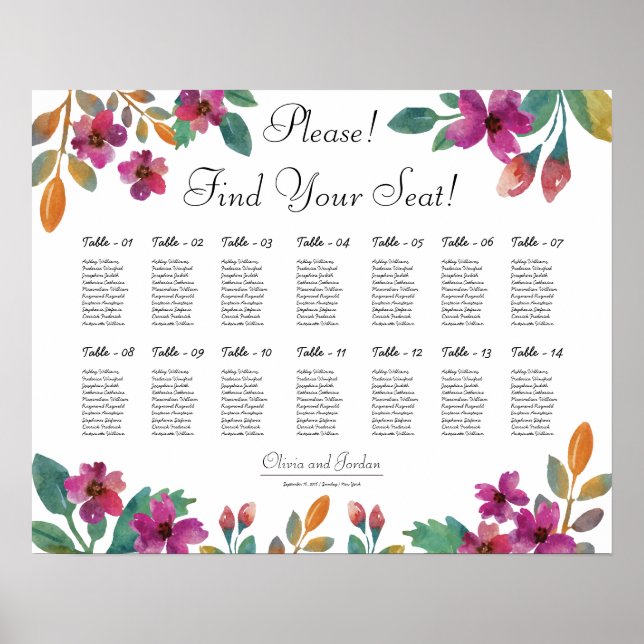 Romantic Floral Wedding Seating Chart Poster (Front)