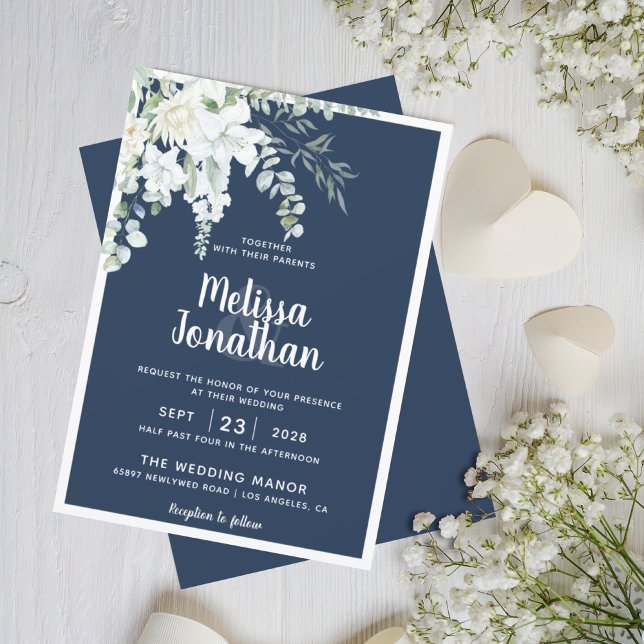 Romantic floral white gentle flowers blue wedding invitation (Creator Uploaded)