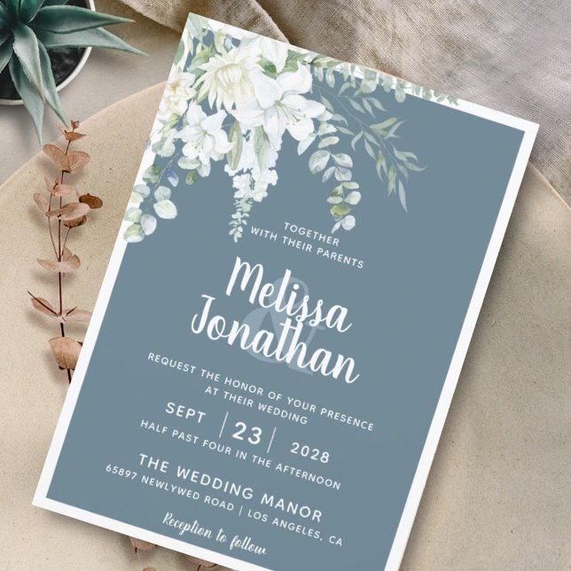Romantic floral white gentle flowers grey wedding invitation (Creator Uploaded)