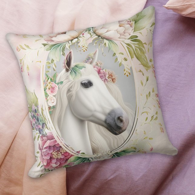 Romantic Floral White Horse  Cushion (Creator Uploaded)