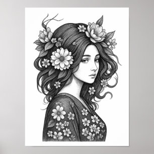 Romantic Floral Woman Line Art Poster
