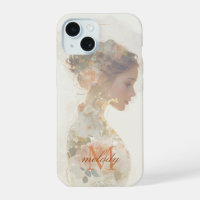 Romantic Floral Woman Silhouette Custom Monogram