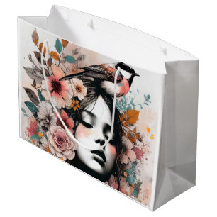 Romantic Floral Woman with Delicate Bird Details Large Gift Bag