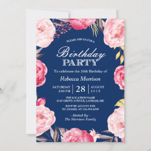 Romantic Floral Wreath Navy Blue Birthday Party Invitation