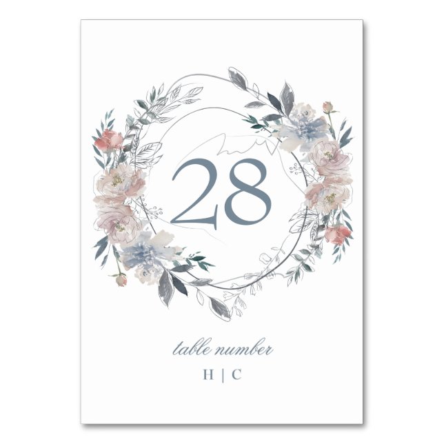 Romantic Floral Wreath Watercolor Monogram Table Number (Front)