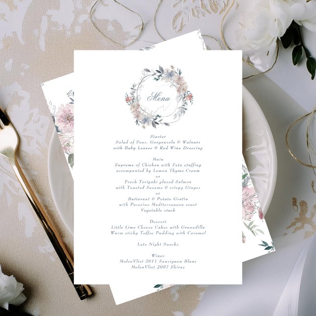Romantic Floral Wreath Watercolor Monogram Wedding Menu (Creator Uploaded)