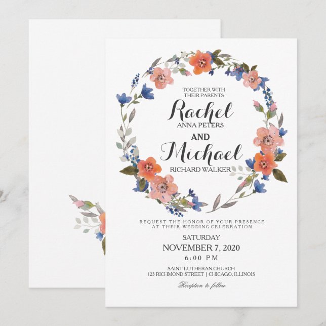 Romantic Floral Wreath Wedding Invitation (Front/Back)