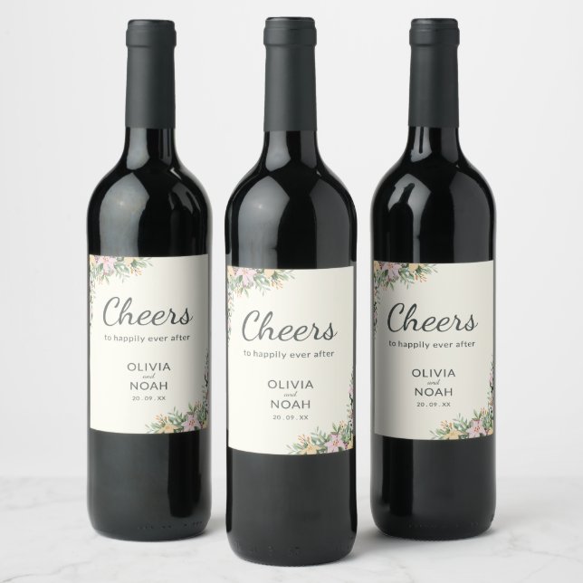 Romantic floral wreath wedding wine label (Bottles)