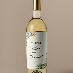 Romantic floral wreath wedding wine label