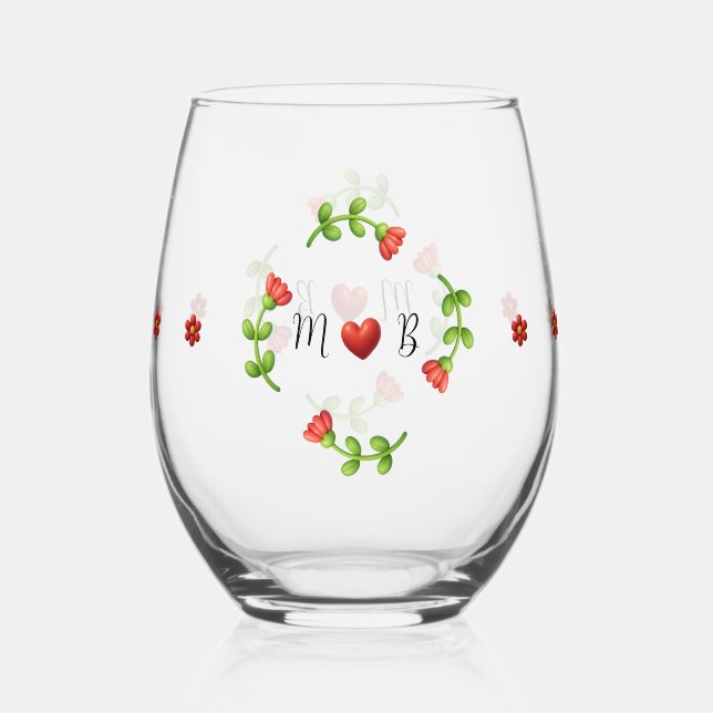 Romantic Floral Wreath with Heart Initials Stemless Wine Glass (Front)