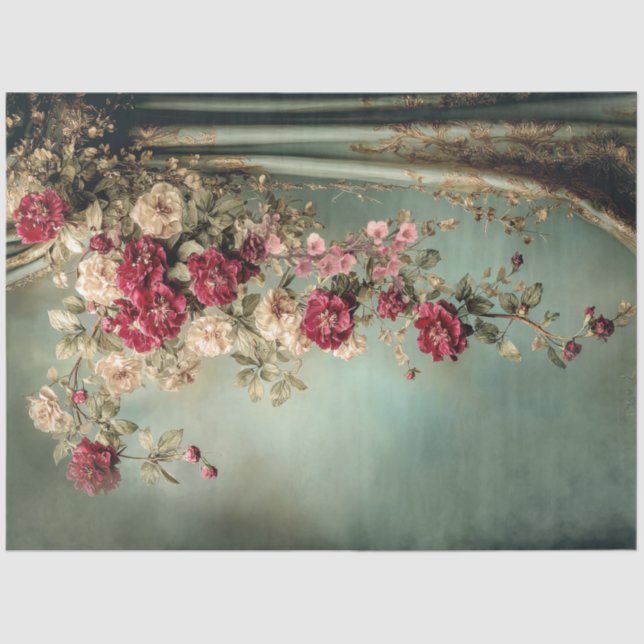 Romantic Florals & Drape, Crimson & Sage Green Tissue Paper (Front)