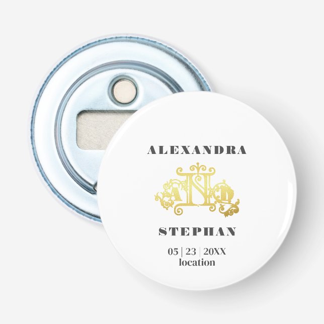 Romantic Flourish Monogram Gold Wedding Bottle Opener (Front)