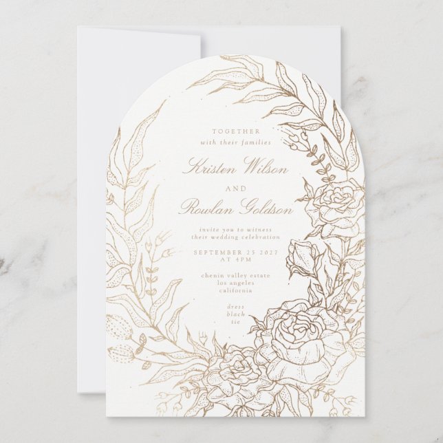 Romantic Flower Gold Wreath Arch Wedding Invitation (Front)