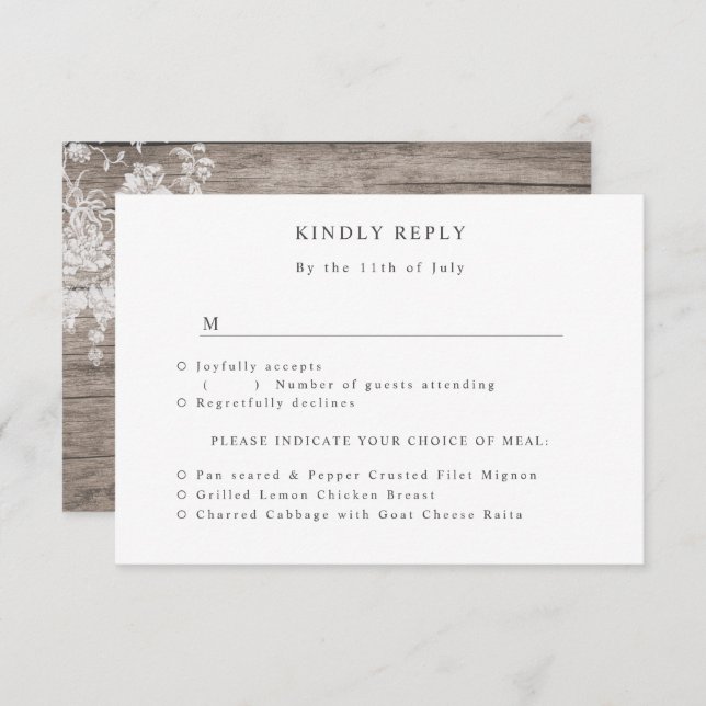 Romantic flower print on rustic wood wedding RSVP card (Front/Back)