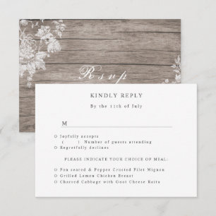 Romantic flower print on rustic wood wedding RSVP card