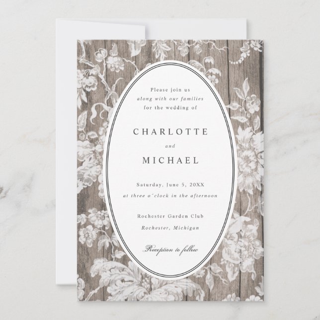 Romantic flower print on wood wedding invitation (Front)