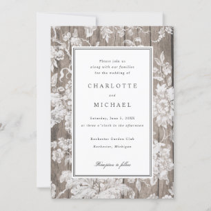 Romantic flower print on wood wedding invitation